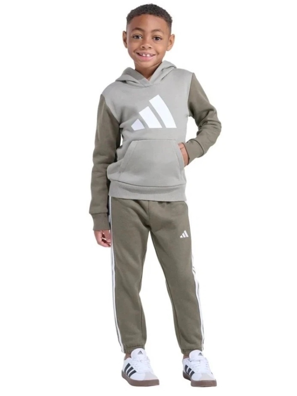 adidas Olive Green & Light Gray Kids 3-Stripe Jogger Set